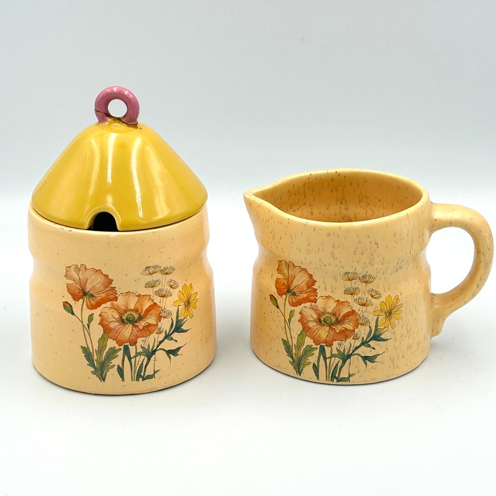Vintage Ceramic Poppy Cream and Sugar Set Floral Yellow Orange Speckle 70s Retro